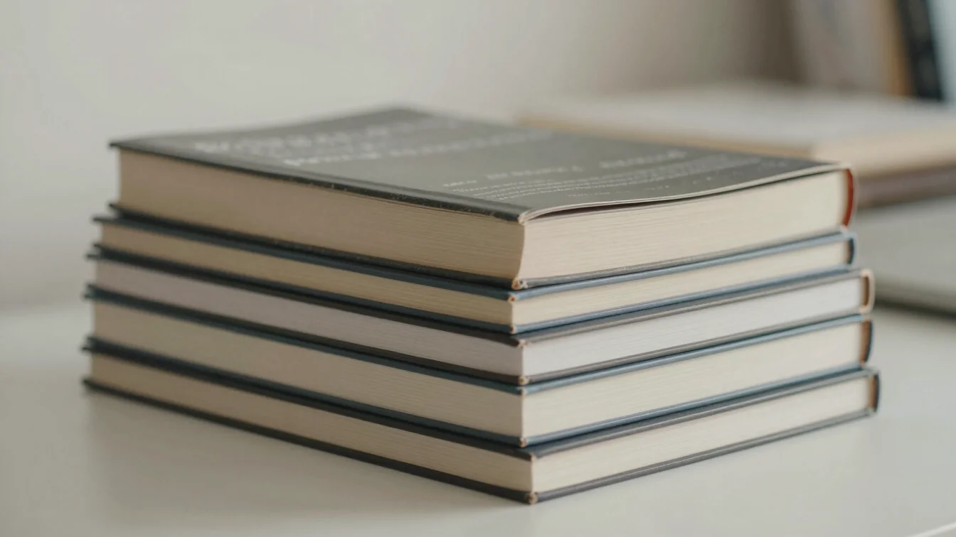 A stack of contemporary philosophical books on a clean desk, soft