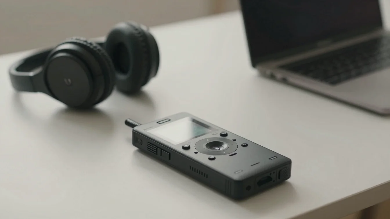 A modern audio recorder and headphones on a minimalist desk, soft