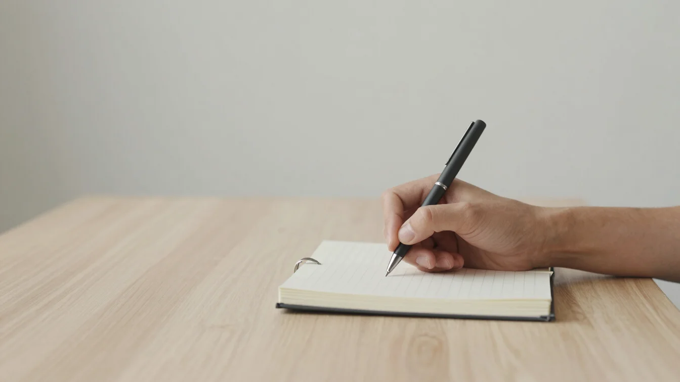 A person writing in a journal with a pen, minimalist setting, sof