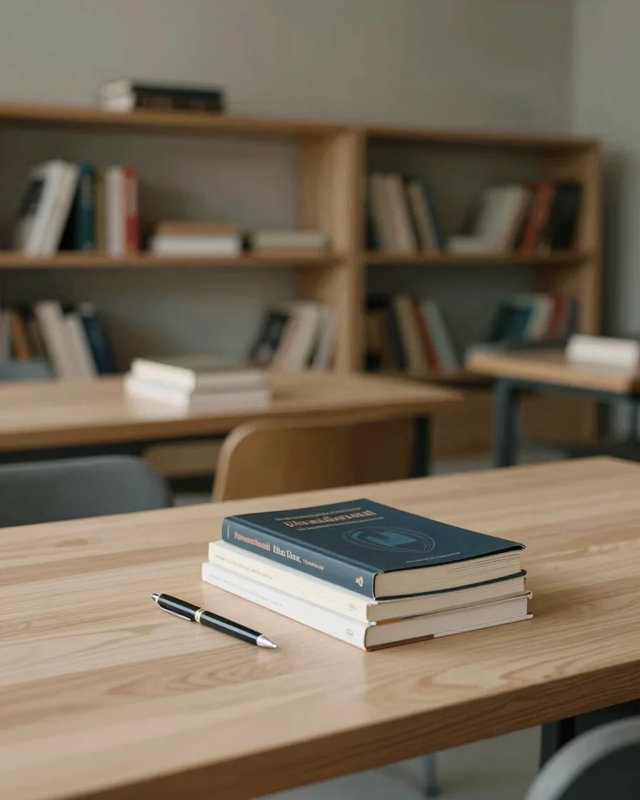 A modern, minimalist reading space with soft natural daylight, a