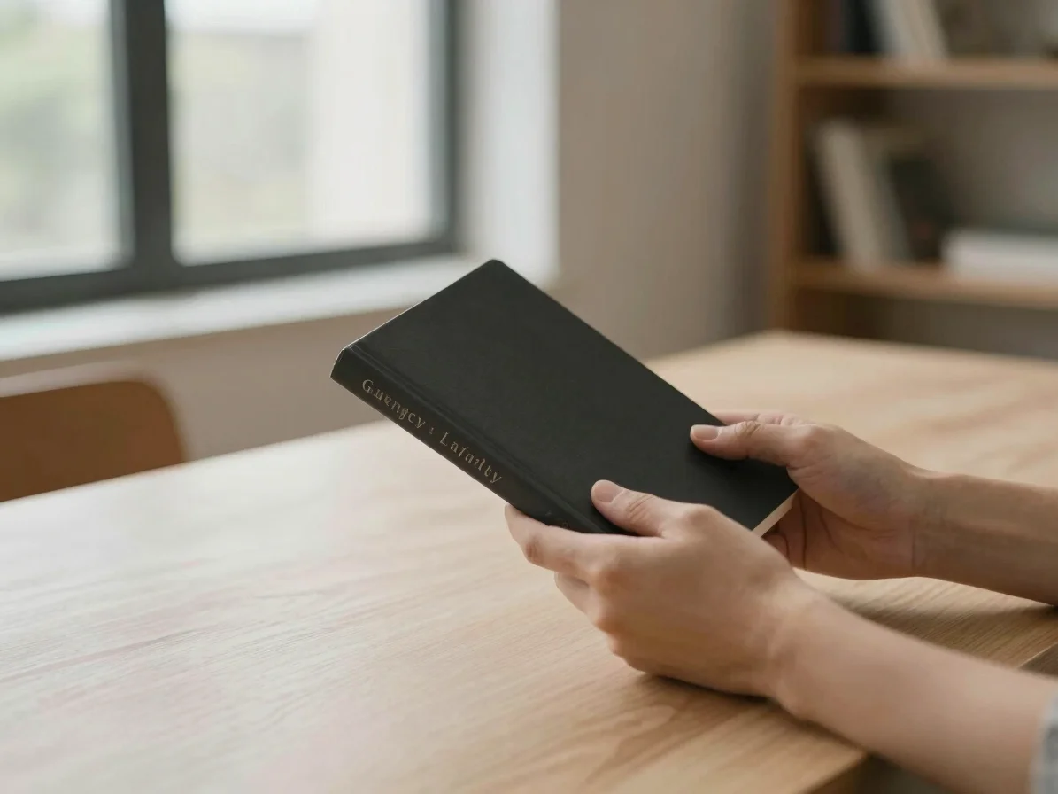 Hands holding a philosophical journal in a calm, modern setting,