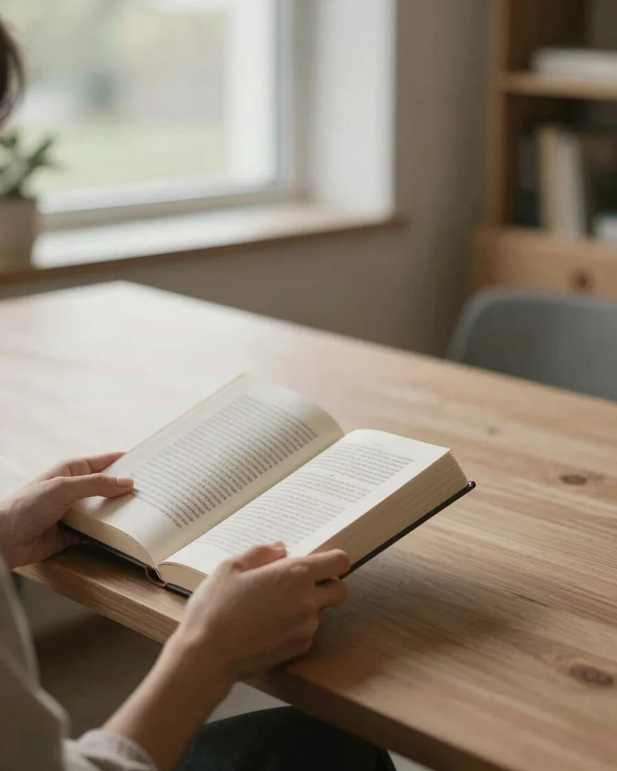 A quiet, contemporary reading space with soft natural daylight, a